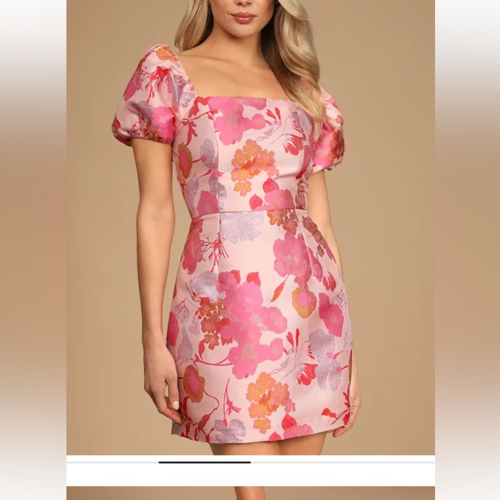 NWT Lulus So Stunning PINK Multi Floral Jacquard Puff Sleeve Mini Dress - Picture 5 of 11